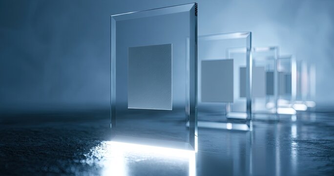 Transparent geometric shapes, lit from below, receding into blue fog