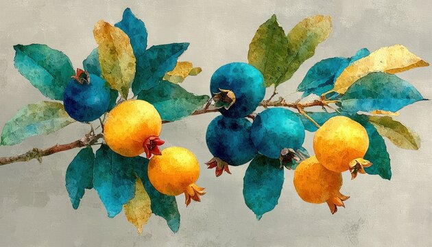 Watercolor pomegranate tree branch with fruit, soft brush textures in teal and gold, symbol of prosperity