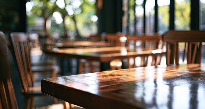 Sunlight streams across polished wooden tables and chairs in a warm, inviting dining space