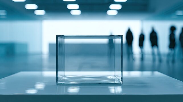Empty glass cube displayed on a pedestal in a modern gallery
