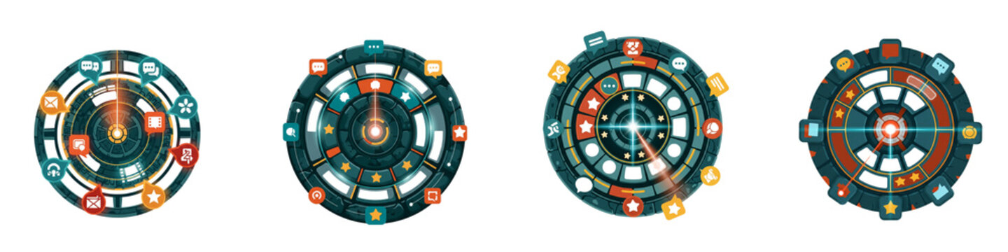 Circular user interface dashboard elements with social media icons