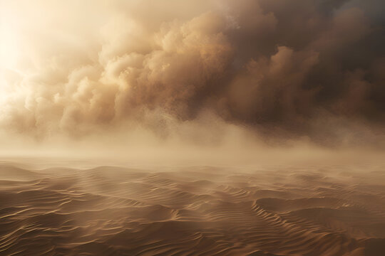 Dramatic sandstorm clouds rolling over desert dunes at sunset