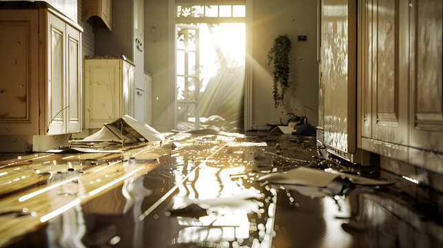 Sunlight illuminates flooded kitchen with debris and reflections