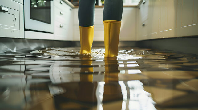 Young adult in yellow boots standing in flooded kitchen after water leak