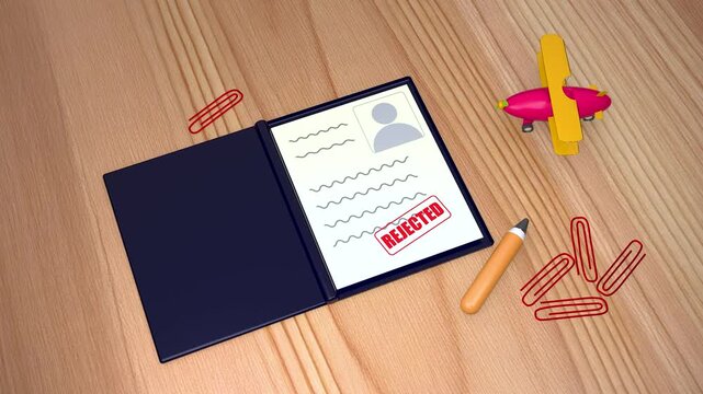 Jamaica Rejected visa passport document on wooden desk, travel permit with red stamp, international vacation documentation with toy airplane and stationery