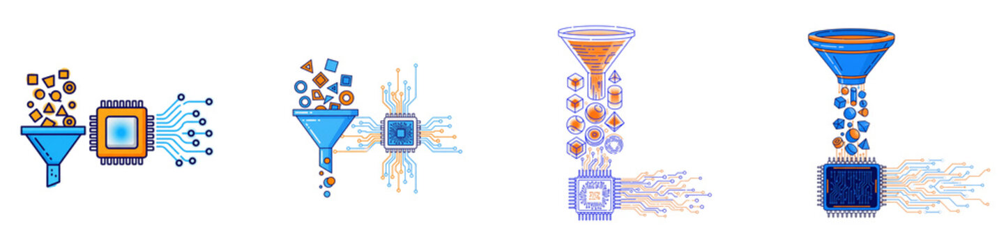Data processing icons with funnels and electronic microchips