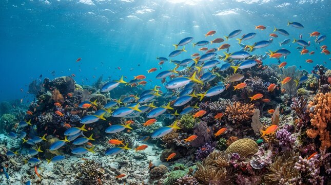 A vibrant school of blue and yellow tropical fish swimming over a colorful coral reef in crystal-clear ocean water with brilliant sunrays
