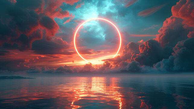 Surreal sunset: neon circle over ocean with dramatic clouds and reflections