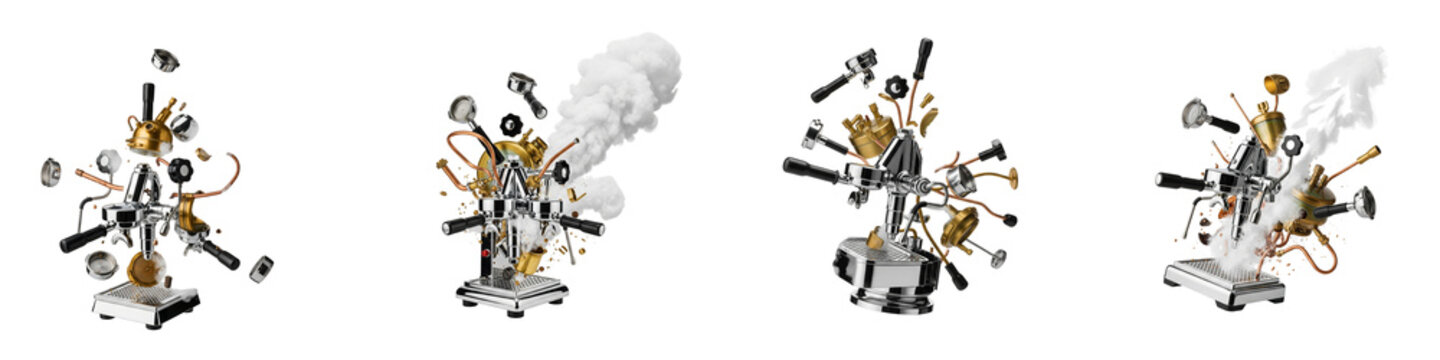 Espresso machine parts exploding in air on black background