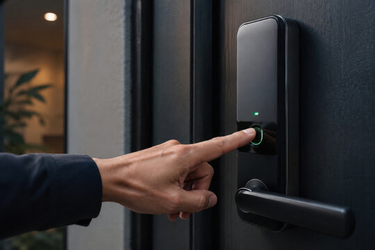 Person using fingerprint scanner on black smart door lock