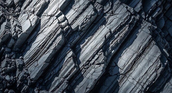 Dramatic close up of layered grey rock formation with deep crevices and sharp geological textures, natural stone background