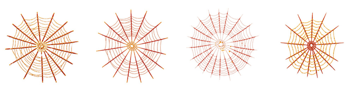 Four circular spider webs with glowing orange gradient on black background