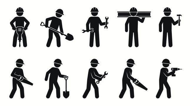 Laborers perform diverse physical tasks on a construction site while wearing protective safety helmets.