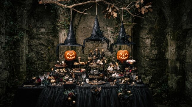 Gothic Halloween Dessert Table With Witch Hats
