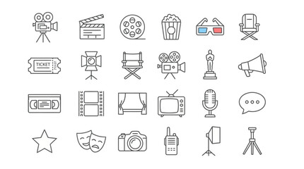 Fototapeta premium Cinema icons collection represents essential filmmaking equipment and entertainment industry elements in a clean linear format.