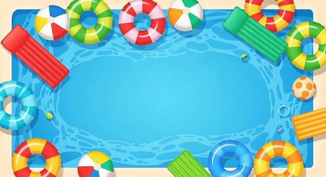 Top view summer pool scene with multiple colorful inflatable rings, beach ball and float toys arranged around edges, bright blue water texture