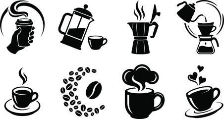 Fototapeta premium Set of coffee brewing icons featuring a black silhouette isolated on transparent background