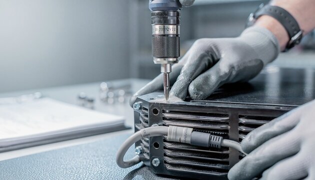 Technician using power tool in modern manufacturing, relevant to AI & Drone Companies production and assembly processes