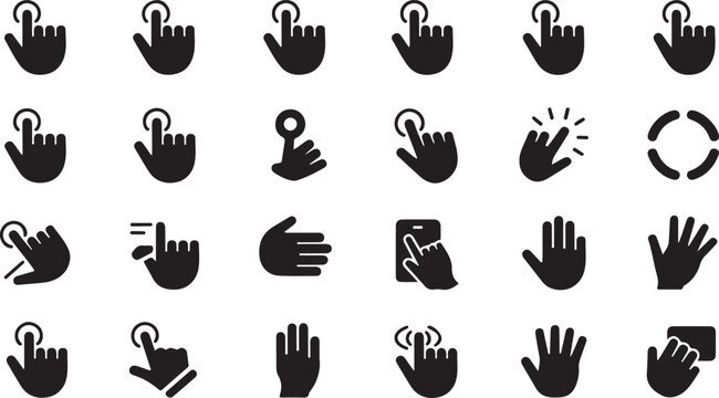 Hand gesture collection featuring black vector silhouette icons depicting various touchscreen interactions like clicking swiping pinching and pointing on devices
