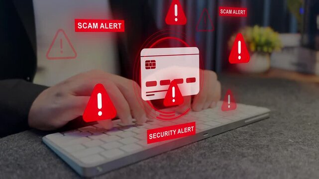 Financial scam concept showing bank card fraud,  phishing and online payment risk. Security alert, data protection.