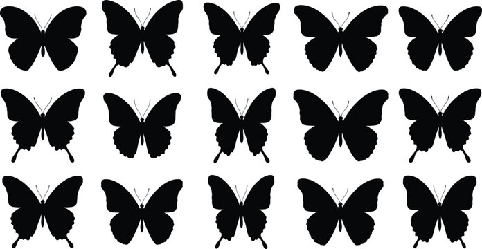 Butterfly silhouettes, wing shapes, insect icons, black vector grid, symmetrical design, flying bugs, nature art, pattern recognition, entomology reference