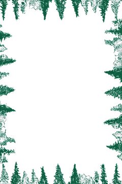 Vintage style winter border, stylized pine trees and snow patterns forming a decorative frame, central clean space, forest green ink on white