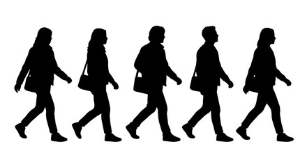 Obraz premium Diverse Group Walking Silhouettes, Business People Commuting, Casual Figures Striding, Vector Icons for Presentation and Design