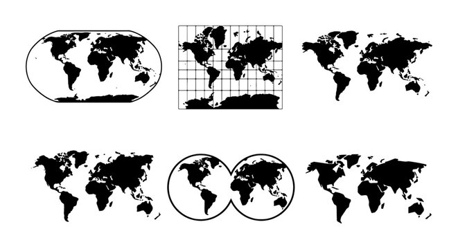World Map Projections Set, Global Cartography Collection, Geographic Data Visualizations, International Navigation Icons