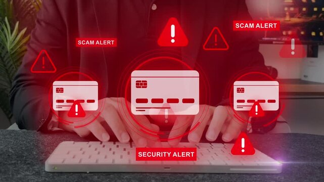 Financial scam concept showing bank card fraud,  phishing and online payment risk. Security alert, data protection.