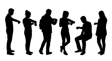 Fototapeta premium Diverse People Silhouettes Checking Smartwatches, Modern Lifestyle Collection, Business Meeting Punctuality, Urban Commuters, Digital Timekeeping Vector Set