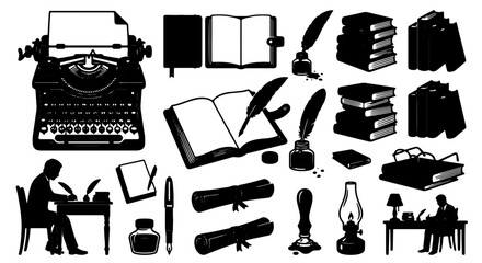 Fototapeta premium Vintage Writing Tools Collection, Retro Typewriter & Inkwell Icons, Classic Literature & Education Symbols, Black Silhouette Vector Set