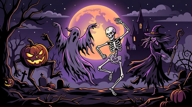Halloween Characters Dancing in Haunted Forest Under Full Moon