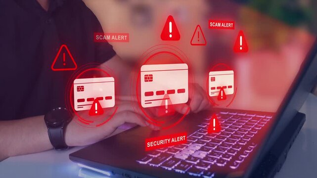 Financial scam concept showing bank card fraud,  phishing and online payment risk. Security alert, data protection.