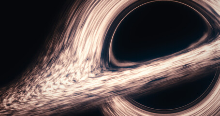 Black hole with a glowing accretion disk, gravity warping light around the event horizon in deep outer space © Sunlight