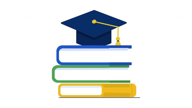 Animated graduation cap on stack of books loop video flat vector illustration motion graphic educational concept