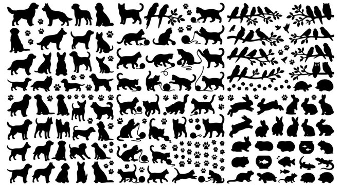 Diverse Animal Silhouettes Collection: Dogs, Cats, Birds, Rabbits, Fish, and Hedgehogs Vector Icons for Pet Lovers and Wildlife Graphics