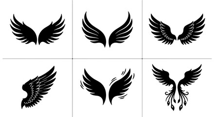 Obraz premium Six Black Wing Silhouettes, Angelic Feathered Designs, Heraldic Emblems, Vector Graphics for Fantasy and Freedom Concepts