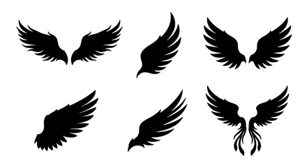 Naklejka premium Black Silhouette Wings Vector Set: Angelic, Bird, and Fantasy Wing Graphics for Design Projects, Tattoo Ideas, and Emblems