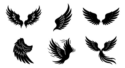 Fototapeta premium Diverse Angel Wings Vector Icons Set, Black Feathered Wing Graphics, Spiritual Symbol Collection for Design Projects