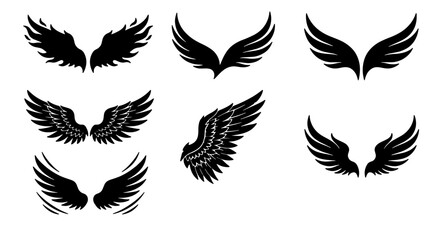 Fototapeta premium Set of 7 Black Angel Wings Vector Icons, Diverse Styles, Symbolizing Freedom and Protection, Graphic Elements for Design