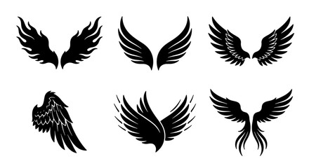 Fototapeta premium Set of Six Black Vector Wings, Angelic Feathered and Flame Designs, Graphic Elements for Fantasy and Spiritual Concepts