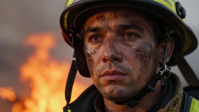 Close up portrait of a brave male firefighter with soot and sweat on face looking thoughtfully during a forest fire emergency in a smoky outdoor environment with bright flames