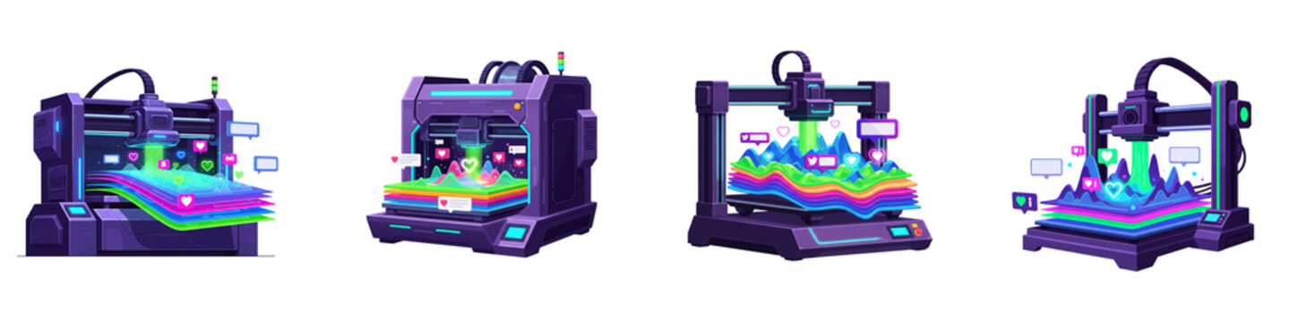 Futuristic 3D printers producing social media icons on neon layers