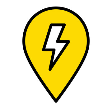 Yellow map pin with lightning bolt symbol vector icon