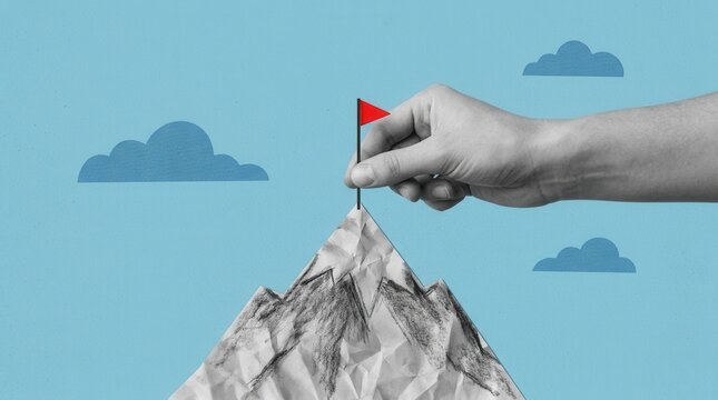 A painted background featuring a composite photo collage of a hand holding a flagpole icon at a mountain vertex, symbolizing growth, success, and development.
