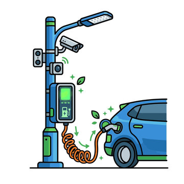 Smart City EV Charging Station and Electric Car Vector Illustration