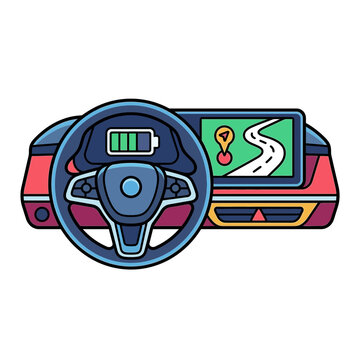 Electric Car Dashboard with Steering Wheel and GPS Illustration