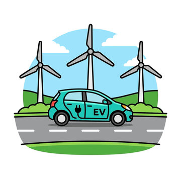 Sustainable Transportation Illustration with Electric Car and Wind Turbines