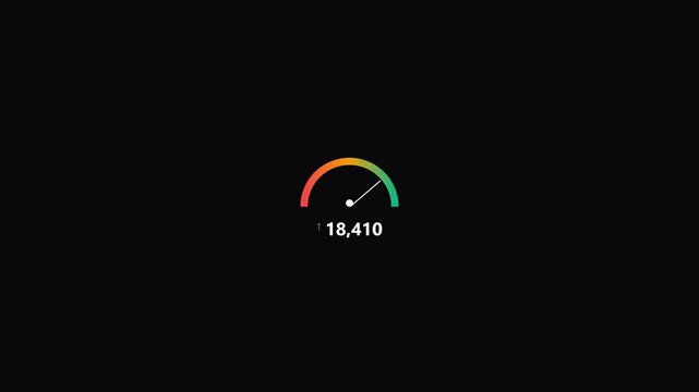Speedometer gauge animation showing rising numerical values on a minimalist black background in digital motion footage