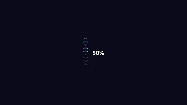 Digital dna strand loading progress animation showing percentage increments on black background for science video clip